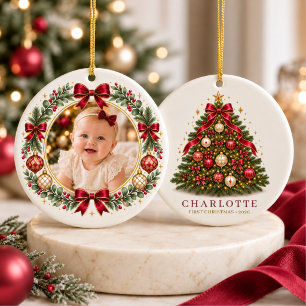 Ornamento De Cerâmica Primeiro Natal da Menina Bebê Arco Vermelho Foto