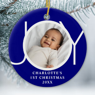 Ornamento De Cerâmica Primeiro Natal da Menina Bebê Foto Alegria Azul Pe