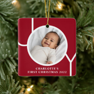 Ornamento De Cerâmica Primeiro Natal da Menina Bebê Foto Vermelho Person