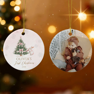 Ornamento De Cerâmica Primeiro Natal da Menina Bebê Rosa Foto de Flocos