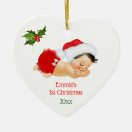 Ornamento De Cerâmica Primeiro Natal da Menina Bebê Vermelho Chapéu de P