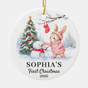Ornamento De Cerâmica Primeiro Natal da Menina Bunny Nome e Ano