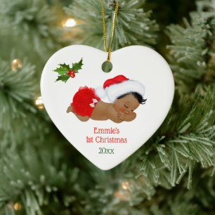 Ornamento De Cerâmica Primeiro Natal da Menina com Chapéu de Papai Noel