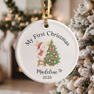 Ornamento De Cerâmica Primeiro Natal da Menina em Aquarela