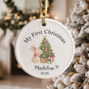 Ornamento De Cerâmica Primeiro Natal da Menina em Aquarela