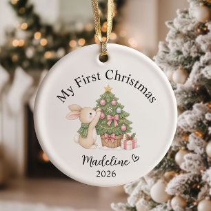 Ornamento De Cerâmica Primeiro Natal da Menina em Aquarela