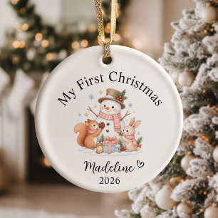 Ornamento De Cerâmica Primeiro Natal da Menina em Aquarela