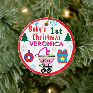 Ornamento De Cerâmica Primeiro Natal da Menina Rosa Chapéu NOME