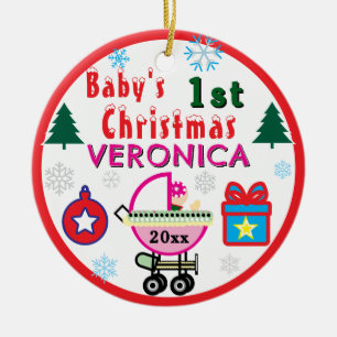 Ornamento De Cerâmica Primeiro Natal da Menina Rosa Chapéu NOME
