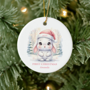 Ornamento De Cerâmica Primeiro Natal da Menina Rosa Coelho Foto