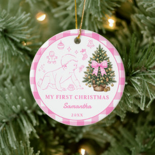 Ornamento De Cerâmica Primeiro Natal da Menina Rosa com Laço Xadrez Foto