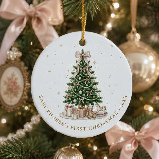 Ornamento De Cerâmica Primeiro Natal da Menina Rosa Personalizado