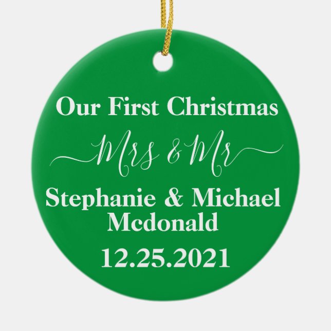 Ornamento De Cerâmica Primeiro Natal da New Weds, Sra. e Sr. Personaliza (Frente)