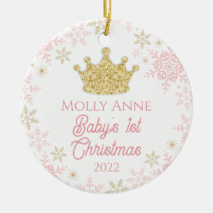 Ornamento De Cerâmica Primeiro Natal da Princesa Bebê Rosa e Dourado Bri