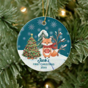 Ornamento De Cerâmica Primeiro Natal da Raposa Bebê na Neve das Árvores