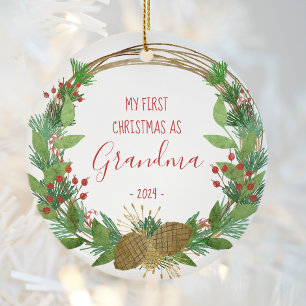 Ornamento De Cerâmica Primeiro Natal da Vovó - Coroa Rústica com Foto do