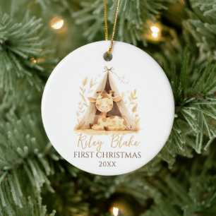 Ornamento De Cerâmica Primeiro Natal de Bebê Neutro com Girafa Fofa