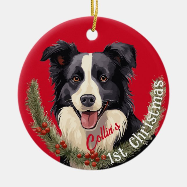 Ornamento De Cerâmica Primeiro Natal de Border Collie (Frente)