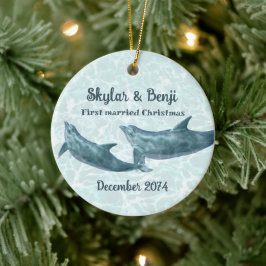 Ornamento De Cerâmica Primeiro Natal de Casados do Casal de Golfinhos