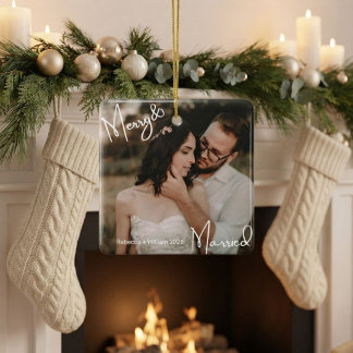 Ornamento De Cerâmica Primeiro Natal de Casados Foto de Recém-Casados