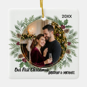 Ornamento De Cerâmica Primeiro Natal de Casal Elegante com Pinheiro em A
