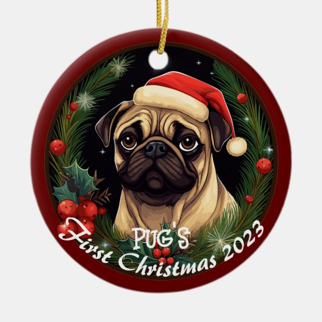 Ornamento De Cerâmica Primeiro Natal de Pug (Frente)