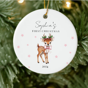 Ornamento De Cerâmica Primeiro Natal de Reindeer Infantil Personalizado