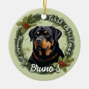 Ornamento De Cerâmica Primeiro Natal de Rottweiler