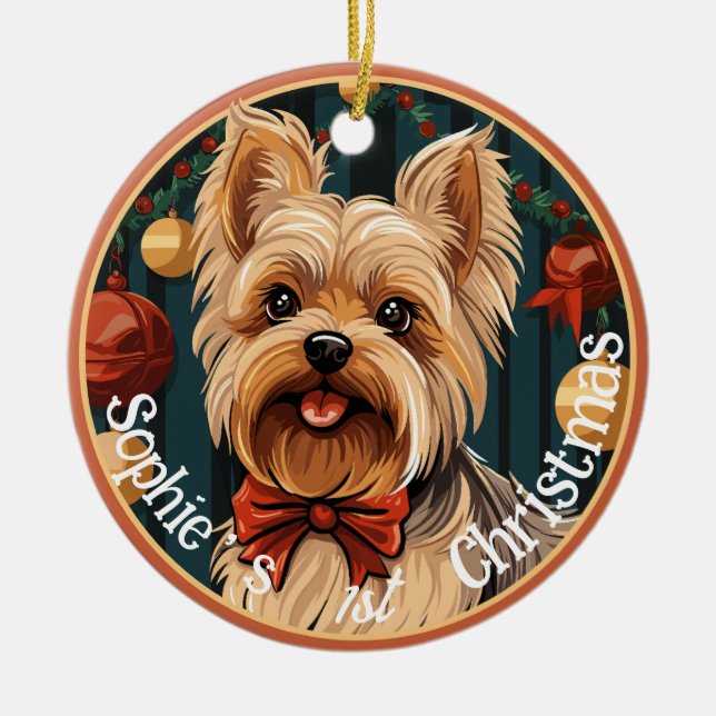 Ornamento De Cerâmica Primeiro Natal de Yorkshire Terrier (Frente)