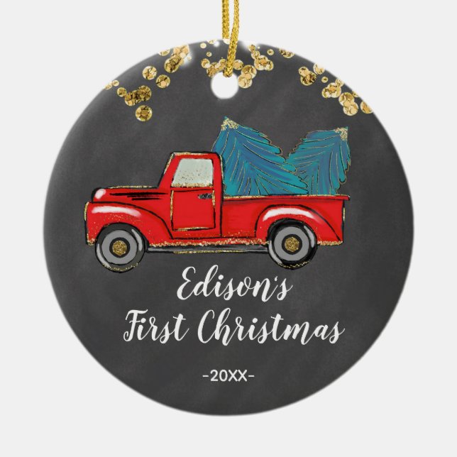 Ornamento De Cerâmica Primeiro Natal do Baby Boy Personalizado (Frente)