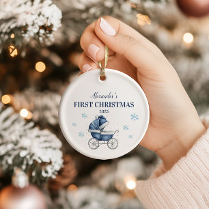 Ornamento De Cerâmica Primeiro Natal do Barramento Azul Personalizado