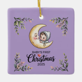 Ornamento De Cerâmica Primeiro Natal do Bebê 2025 Lua Vintage & Bebê