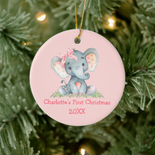 Ornamento De Cerâmica Primeiro Natal do Bebê Aquarela Elefante com Laço