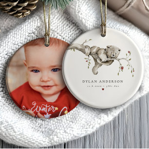 Ornamento De Cerâmica Primeiro Natal do Bebê Aquarela Urso de Foto de Be