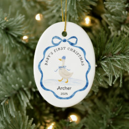 Ornamento De Cerâmica Primeiro Natal do Bebê Azul Fita de Aquarela Ganso