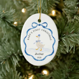 Ornamento De Cerâmica Primeiro Natal do Bebê Azul Fita de Aquarela Ganso