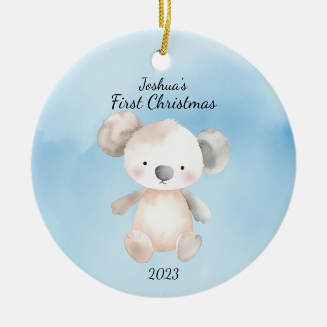 Ornamento De Cerâmica Primeiro Natal do Bebê - Azul KoalaBear Personaliz (Frente)
