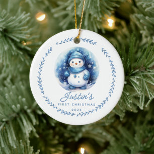 Ornamento De Cerâmica Primeiro Natal do Bebê Boneco de Neve Foto 2 Lados