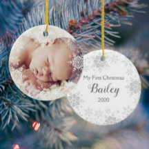 Primeiro Natal do Bebê Branco Flocos de Neve Prata