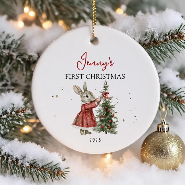 Ornamento De Cerâmica Primeiro Natal do Bebê Coelhinha Bonita (Criador carregado)