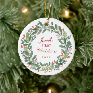 Ornamento De Cerâmica Primeiro Natal do Bebê com Aquarela em Coroa