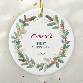 Ornamento De Cerâmica Primeiro Natal do Bebê com Aquarela Personalizada