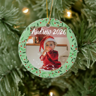 Ornamento De Cerâmica Primeiro Natal do Bebê com Floral Personalizado Fo