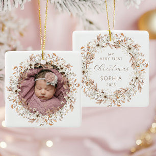 Ornamento De Cerâmica Primeiro Natal do Bebê com Foto Personalizada Flor