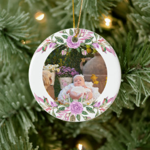 Ornamento De Cerâmica Primeiro natal do bebê com moldura floral