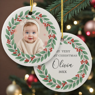 Ornamento De Cerâmica Primeiro Natal do Bebê com Verde de Eucalipto Foto