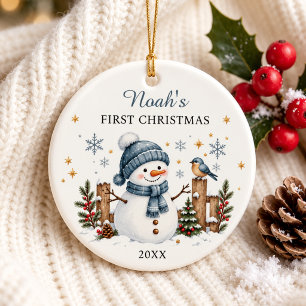 Ornamento De Cerâmica Primeiro Natal do Bebê como Boneco de Neve Fofo