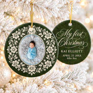 Ornamento De Cerâmica Primeiro Natal do Bebê Creme Renda Verde Estatísti