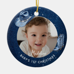 Ornamento De Cerâmica Primeiro Natal do Bebê Denim Diamantes Cowgirl Rús