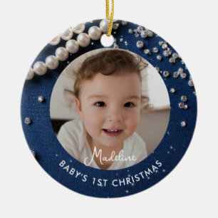 Ornamento De Cerâmica Primeiro Natal do Bebê Denim Diamantes Pérolas Azu